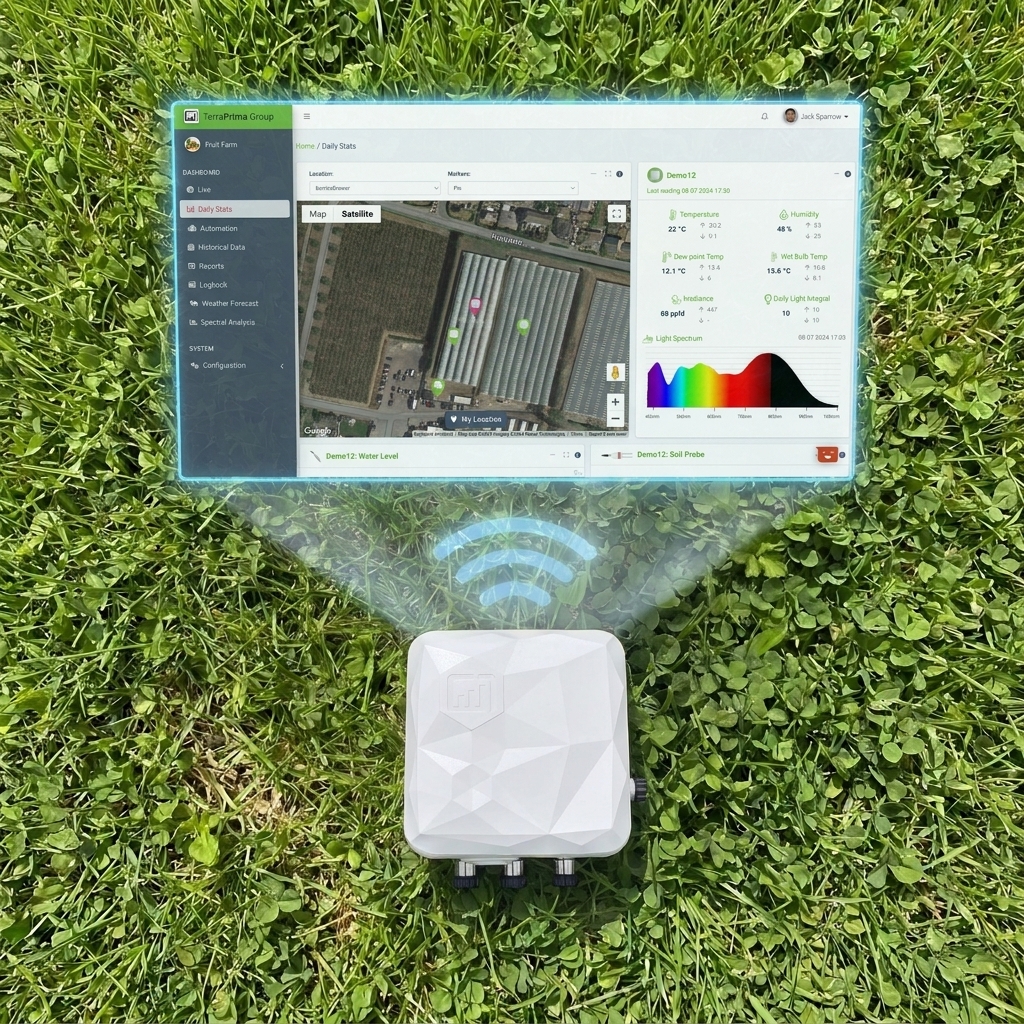 Agritech IoT sensor with dashboard overlay